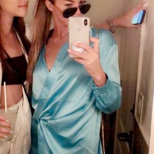 Meshki light blue satin long sleeve dress